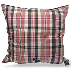 LAUREN Ralph Lauren Large Euro Pillow 24" Sq Navy Blue Plaid Cotton Nantucket